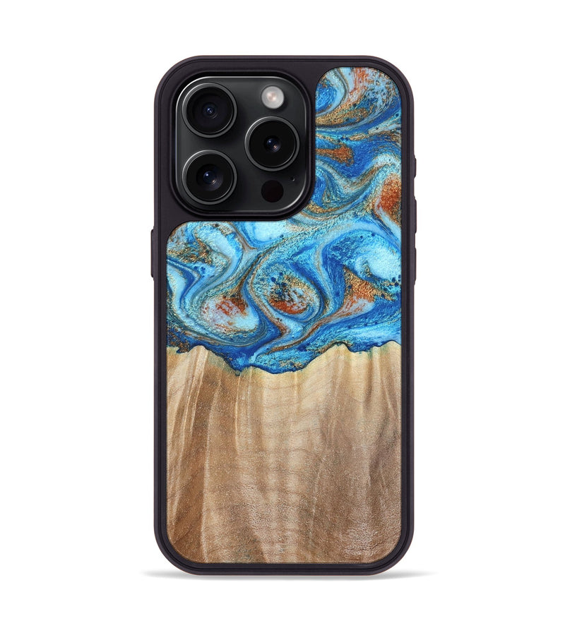 iPhone 15 Pro Wood Phone Case - Tyree (Teal & Gold, 801028)