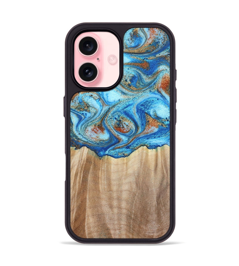 iPhone 16 Wood Phone Case - Tyree (Teal & Gold, 801028)