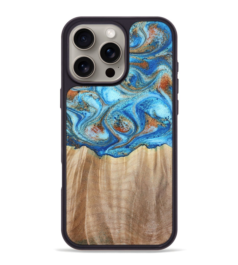 iPhone 16 Pro Max Wood Phone Case - Tyree (Teal & Gold, 801028)