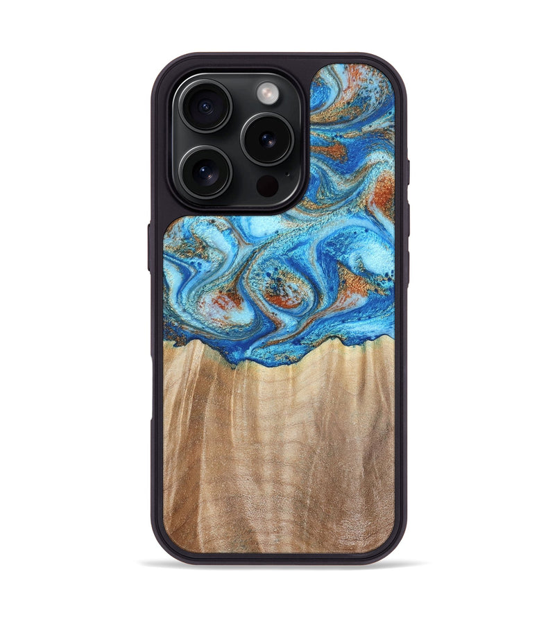 iPhone 16 Pro Wood Phone Case - Tyree (Teal & Gold, 801028)