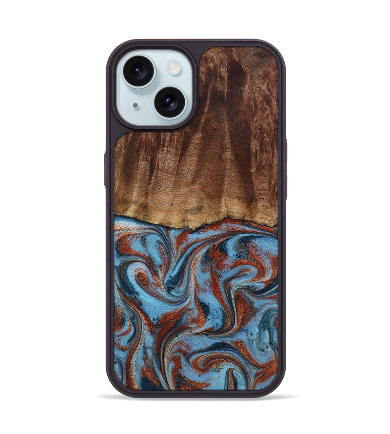 iPhone 15 Wood Phone Case - Gaige (Teal & Gold, 801029)