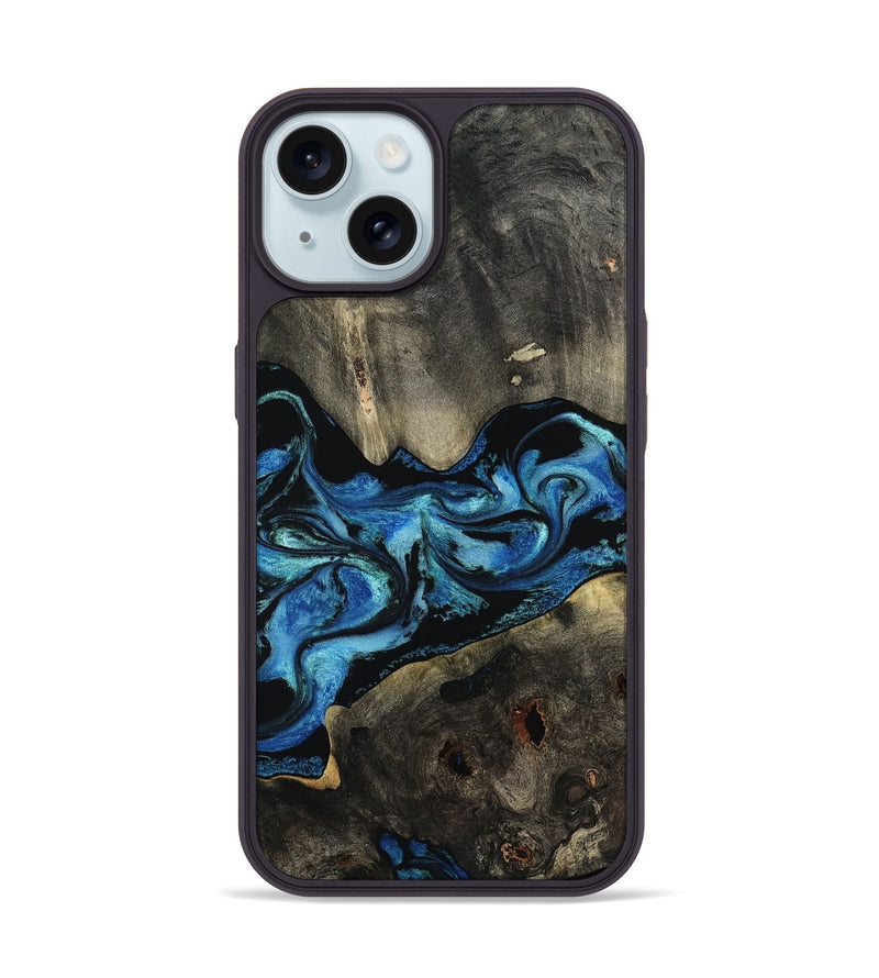 iPhone 15 Wood Phone Case - Kittie (Blue, 801079)