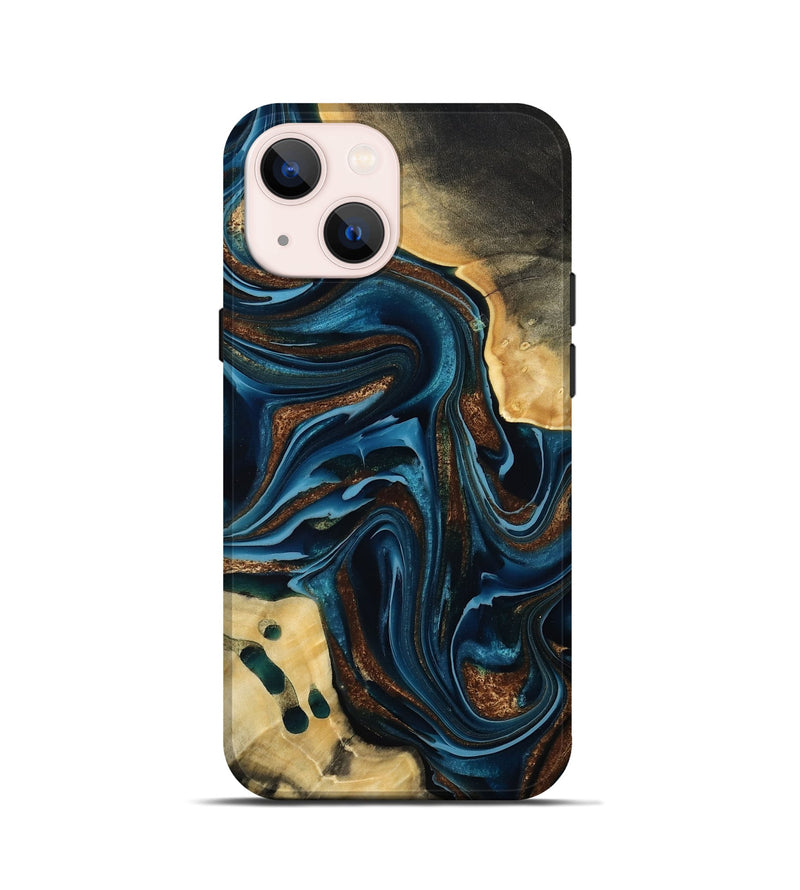 iPhone 13 mini Wood Live Edge Phone Case - Moesha (Teal & Gold, 801100)
