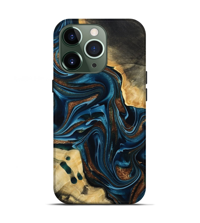 iPhone 13 Pro Wood Live Edge Phone Case - Moesha (Teal & Gold, 801100)