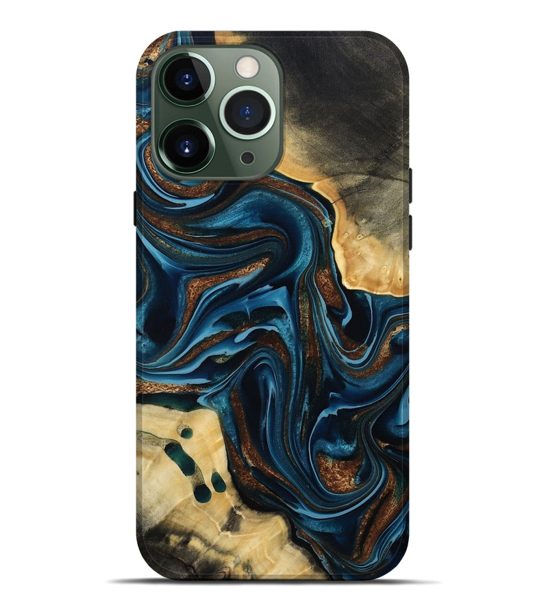 iPhone 13 Pro Max Wood Live Edge Phone Case - Moesha (Teal & Gold, 801100)