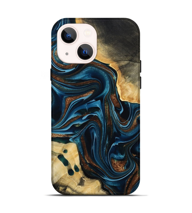 iPhone 14 Wood Live Edge Phone Case - Moesha (Teal & Gold, 801100)