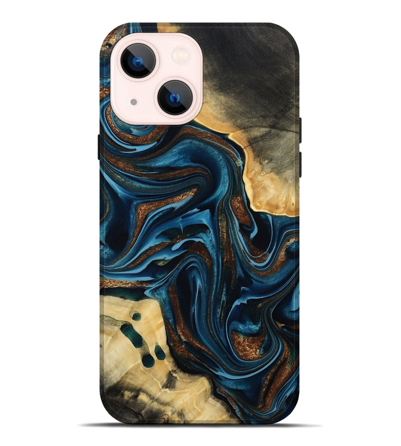 iPhone 14 Plus Wood Live Edge Phone Case - Moesha (Teal & Gold, 801100)