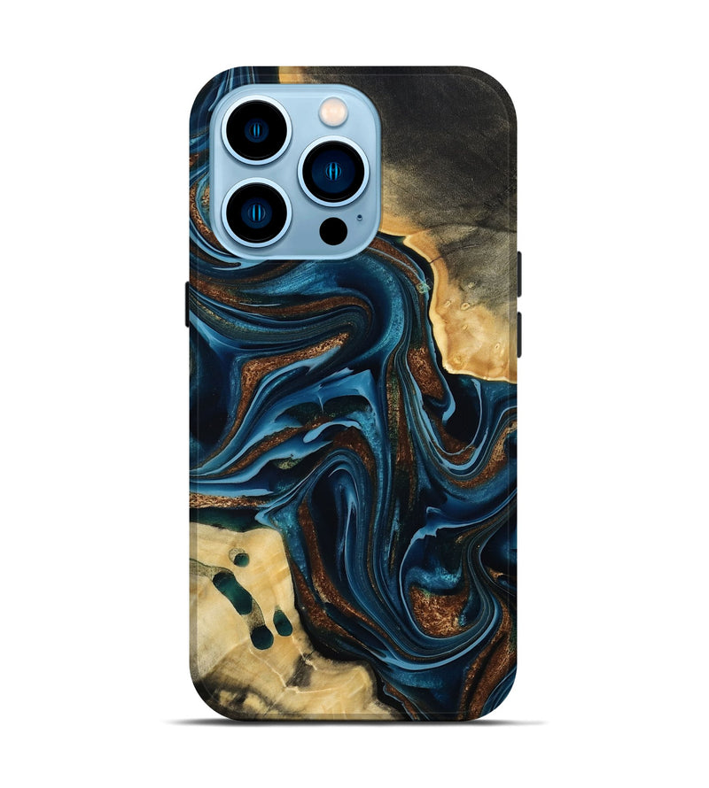 iPhone 14 Pro Wood Live Edge Phone Case - Moesha (Teal & Gold, 801100)