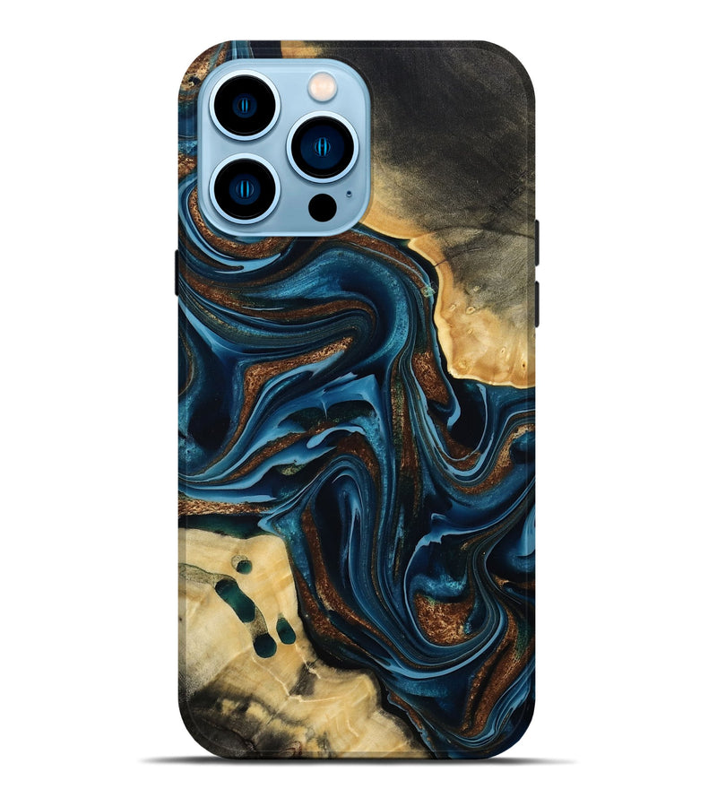 iPhone 14 Pro Max Wood Live Edge Phone Case - Moesha (Teal & Gold, 801100)
