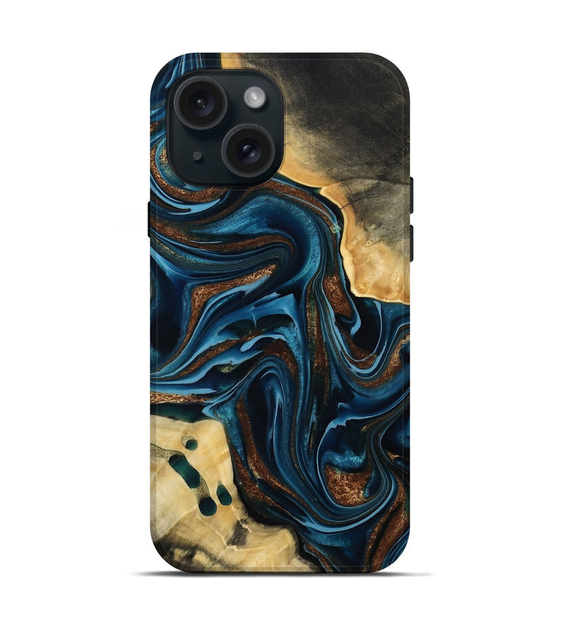 iPhone 15 Wood Live Edge Phone Case - Moesha (Teal & Gold, 801100)