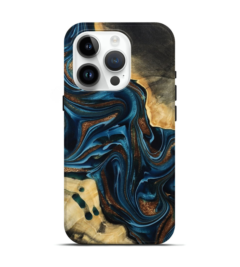 iPhone 15 Pro Wood Live Edge Phone Case - Moesha (Teal & Gold, 801100)