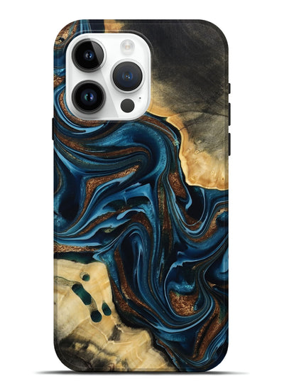 iPhone 15 Pro Max Wood Live Edge Phone Case - Moesha (Teal & Gold, 801100)