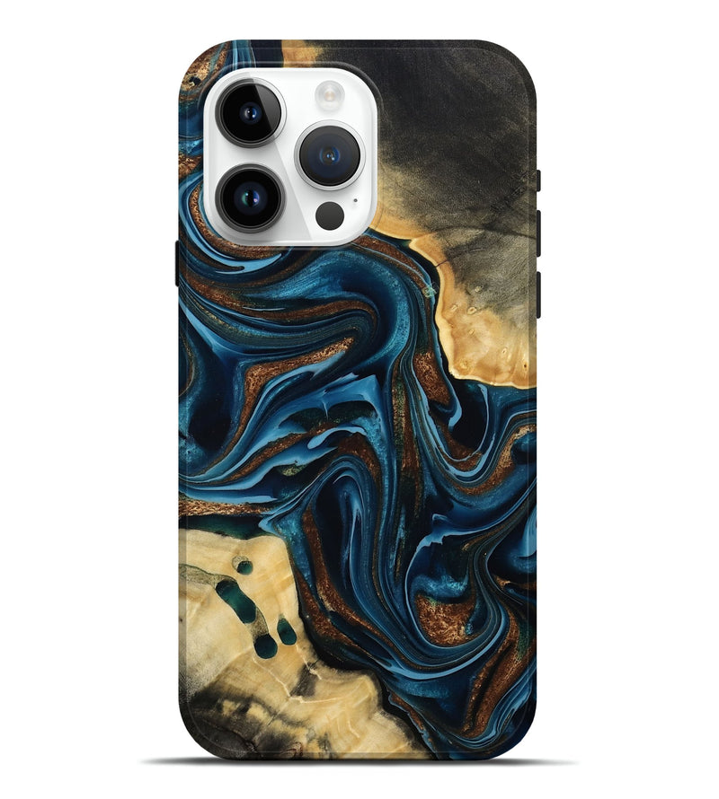 iPhone 15 Pro Max Wood Live Edge Phone Case - Moesha (Teal & Gold, 801100)