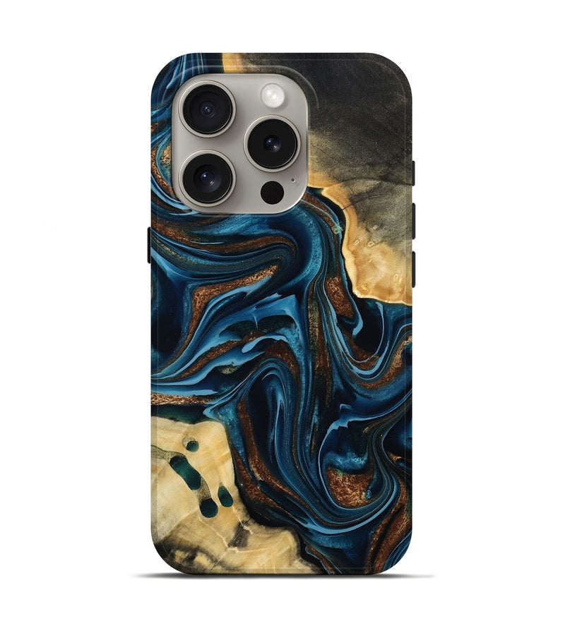 iPhone 16 Pro Wood Live Edge Phone Case - Moesha (Teal & Gold, 801100)
