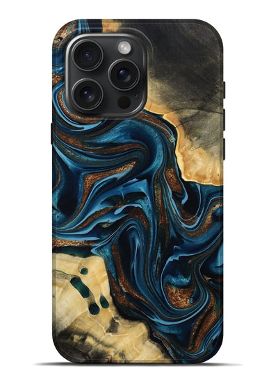 iPhone 16 Pro Max Wood Live Edge Phone Case - Moesha (Teal & Gold, 801100)