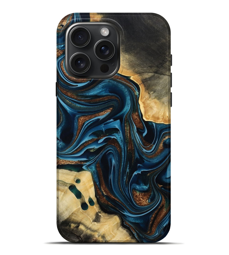 iPhone 16 Pro Max Wood Live Edge Phone Case - Moesha (Teal & Gold, 801100)