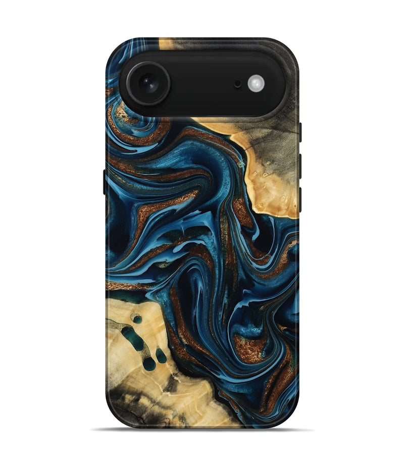 iPhone 17 Air Wood Live Edge Phone Case - Moesha (Teal & Gold, 801100)