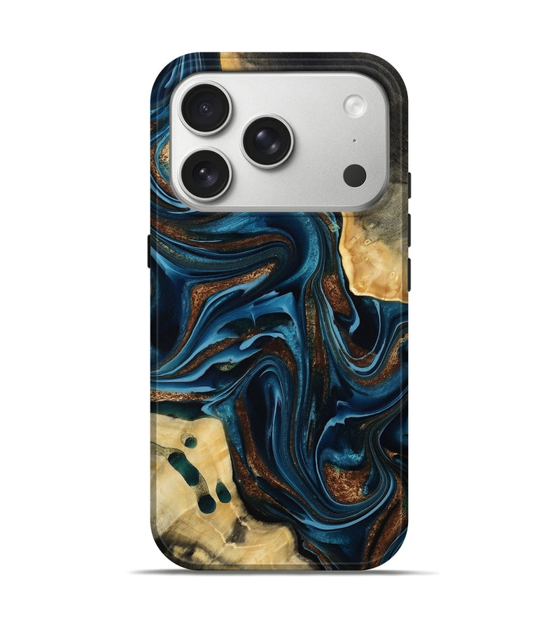 iPhone 17 Pro Wood Live Edge Phone Case - Moesha (Teal & Gold, 801100)
