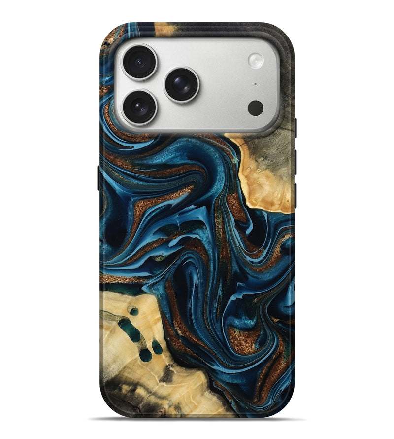 iPhone 17 Pro Max Wood Live Edge Phone Case - Moesha (Teal & Gold, 801100)