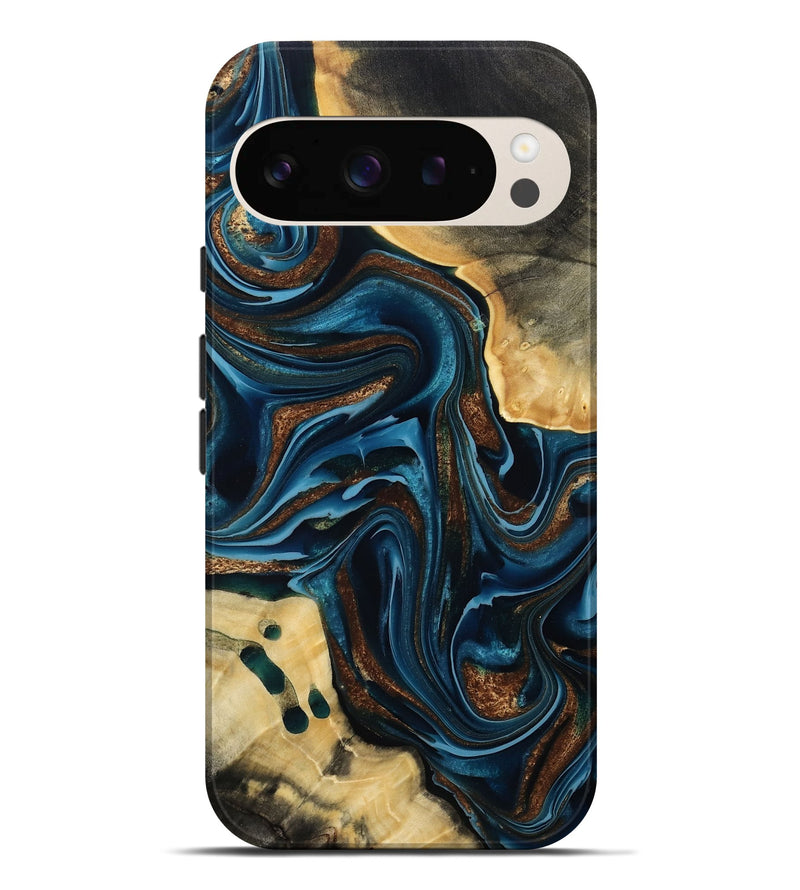 Pixel 9 Pro XL Wood Live Edge Phone Case - Moesha (Teal & Gold, 801100)