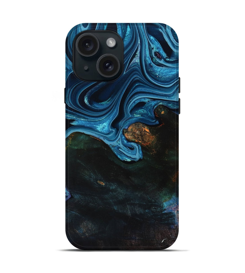 iPhone 15 Wood Live Edge Phone Case - Aleah (Blue, 801103)