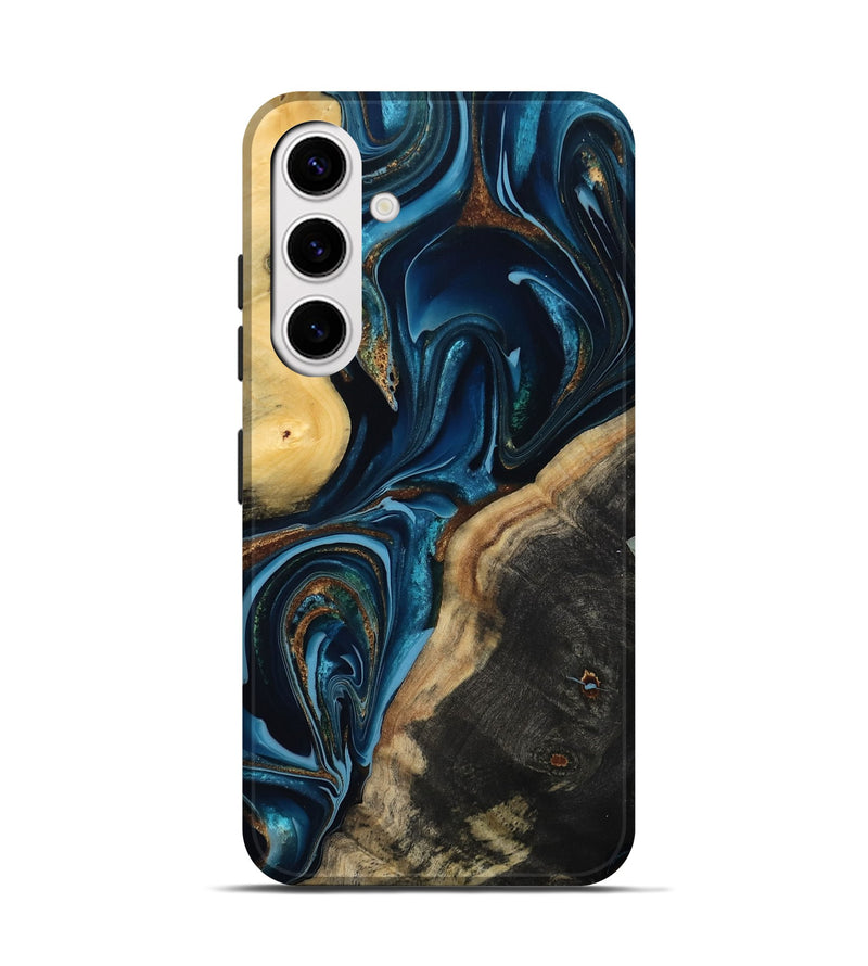 Galaxy S25 Wood Live Edge Phone Case - Greyson (Teal & Gold, 801107)