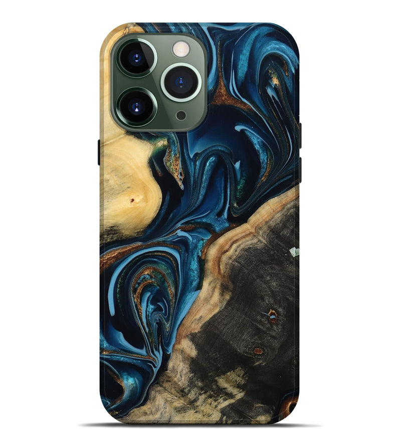 iPhone 13 Pro Max Wood Live Edge Phone Case - Greyson (Teal & Gold, 801107)