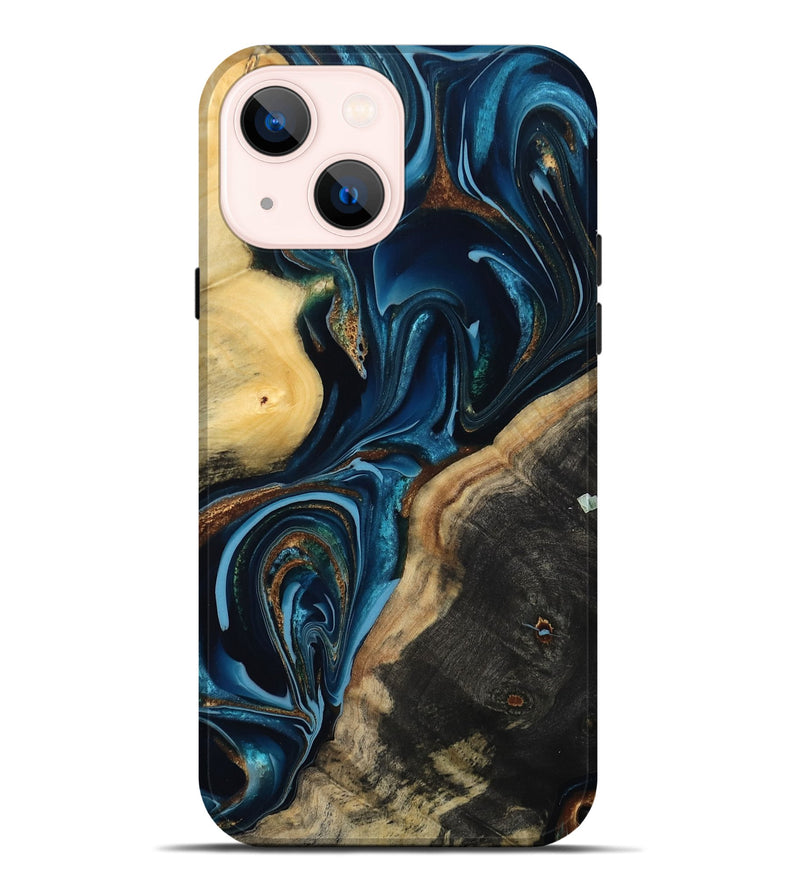 iPhone 14 Plus Wood Live Edge Phone Case - Greyson (Teal & Gold, 801107)