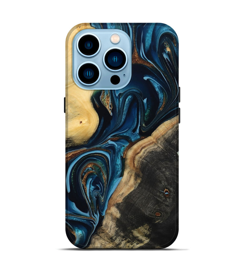 iPhone 14 Pro Wood Live Edge Phone Case - Greyson (Teal & Gold, 801107)
