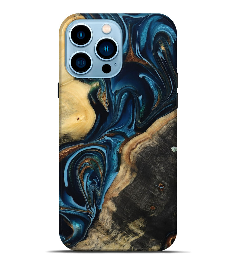 iPhone 14 Pro Max Wood Live Edge Phone Case - Greyson (Teal & Gold, 801107)