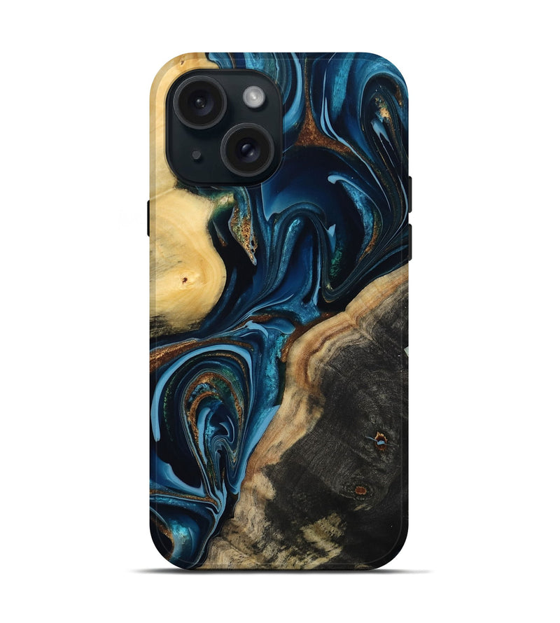 iPhone 15 Wood Live Edge Phone Case - Greyson (Teal & Gold, 801107)