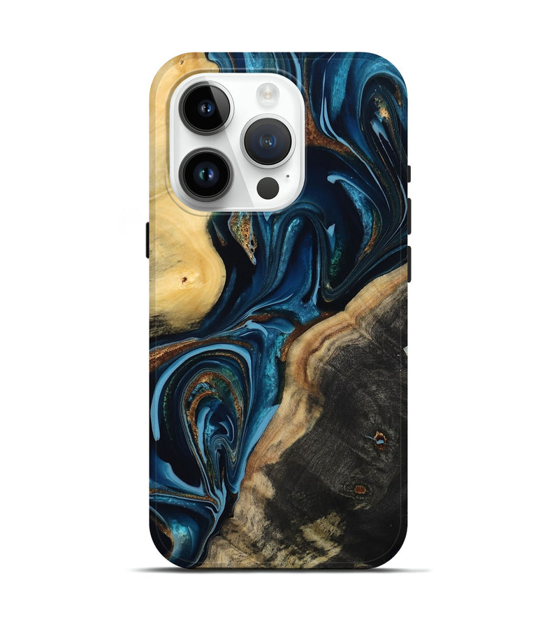 iPhone 15 Pro Wood Live Edge Phone Case - Greyson (Teal & Gold, 801107)