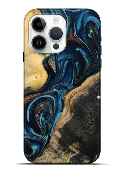 iPhone 15 Pro Max Wood Live Edge Phone Case - Greyson (Teal & Gold, 801107)