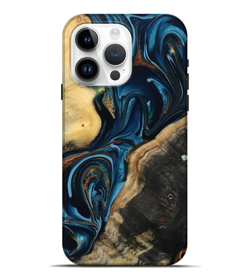 iPhone 15 Pro Max Wood Live Edge Phone Case - Greyson (Teal & Gold, 801107)
