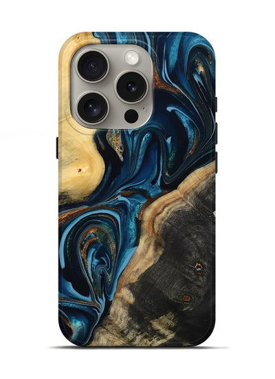 iPhone 16 Pro Wood Live Edge Phone Case - Greyson (Teal & Gold, 801107)