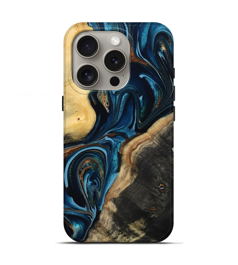 iPhone 16 Pro Wood Live Edge Phone Case - Greyson (Teal & Gold, 801107)