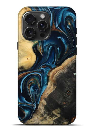 iPhone 16 Pro Max Wood Live Edge Phone Case - Greyson (Teal & Gold, 801107)
