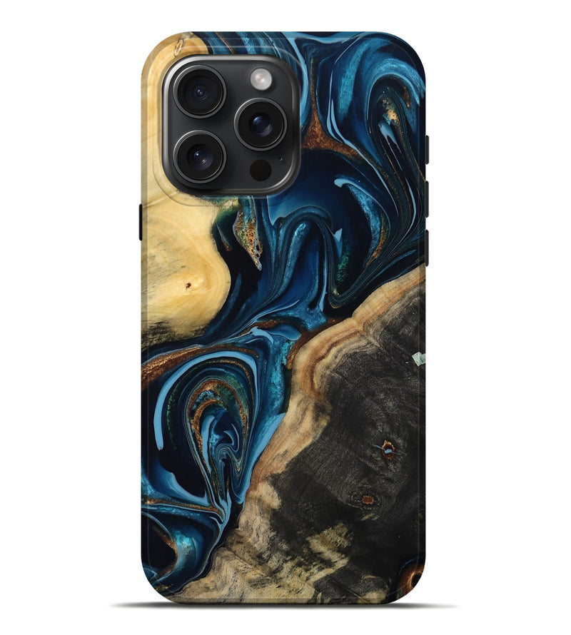 iPhone 16 Pro Max Wood Live Edge Phone Case - Greyson (Teal & Gold, 801107)