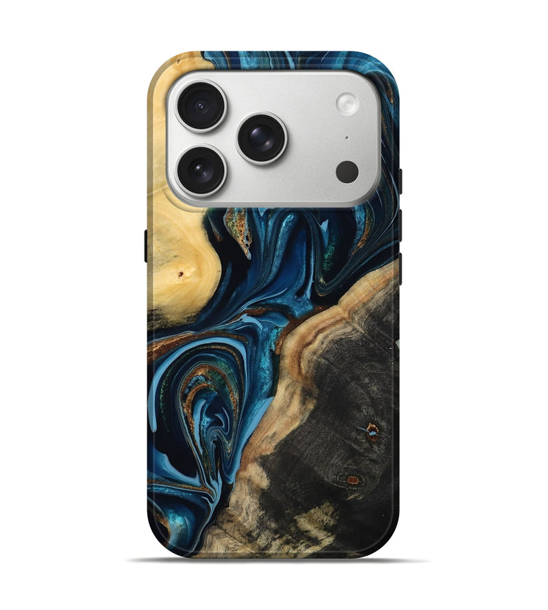 iPhone 17 Pro Wood Live Edge Phone Case - Greyson (Teal & Gold, 801107)