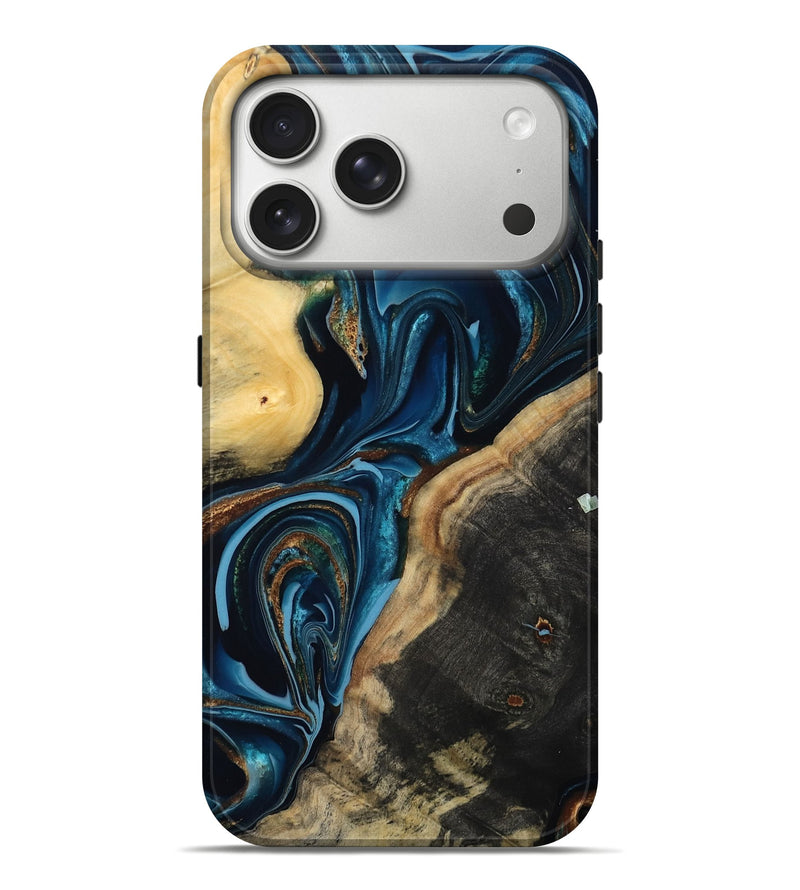 iPhone 17 Pro Max Wood Live Edge Phone Case - Greyson (Teal & Gold, 801107)