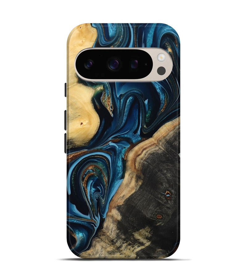Pixel 10 Pro Wood Live Edge Phone Case - Greyson (Teal & Gold, 801107)