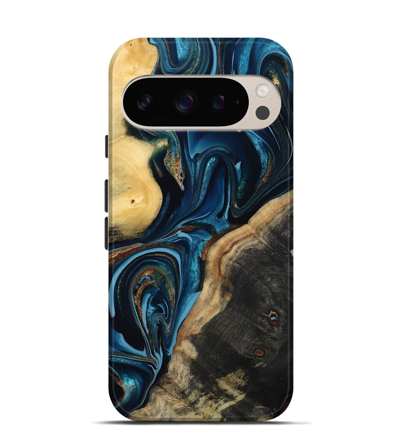 Pixel 9 Pro Wood Live Edge Phone Case - Greyson (Teal & Gold, 801107)
