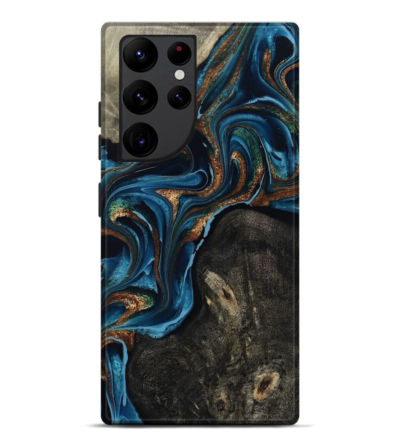Galaxy S22 Ultra Wood Live Edge Phone Case - Bree (Teal & Gold, 801109)