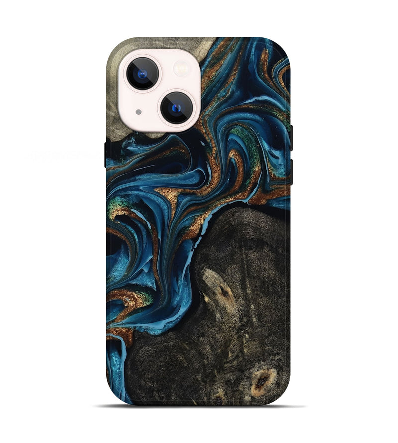 iPhone 13 Wood Live Edge Phone Case - Bree (Teal & Gold, 801109)