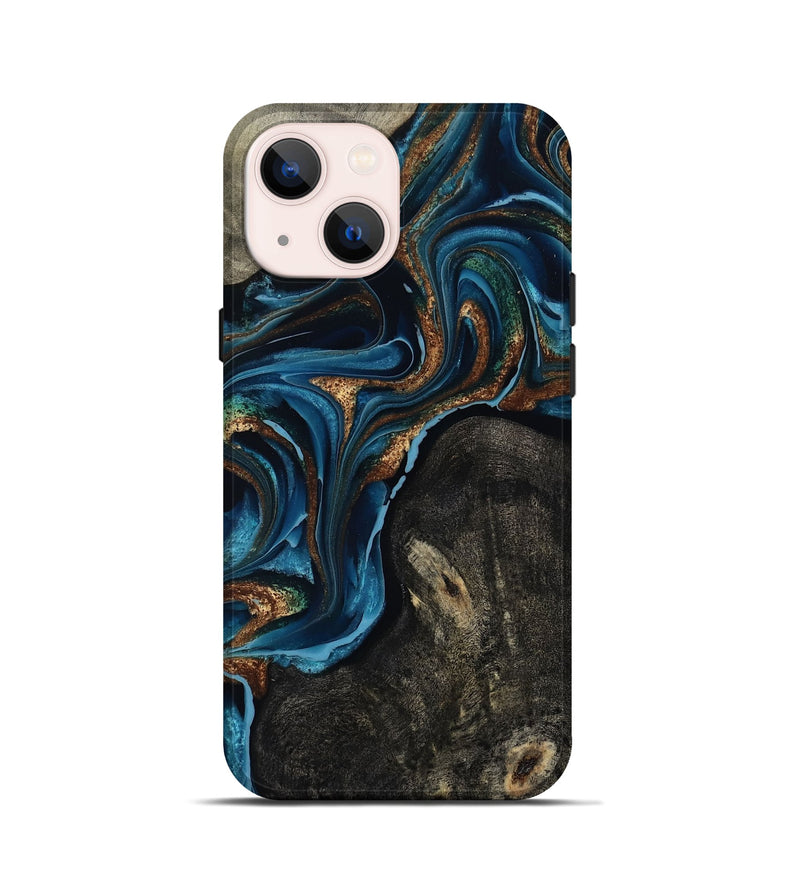 iPhone 13 mini Wood Live Edge Phone Case - Bree (Teal & Gold, 801109)