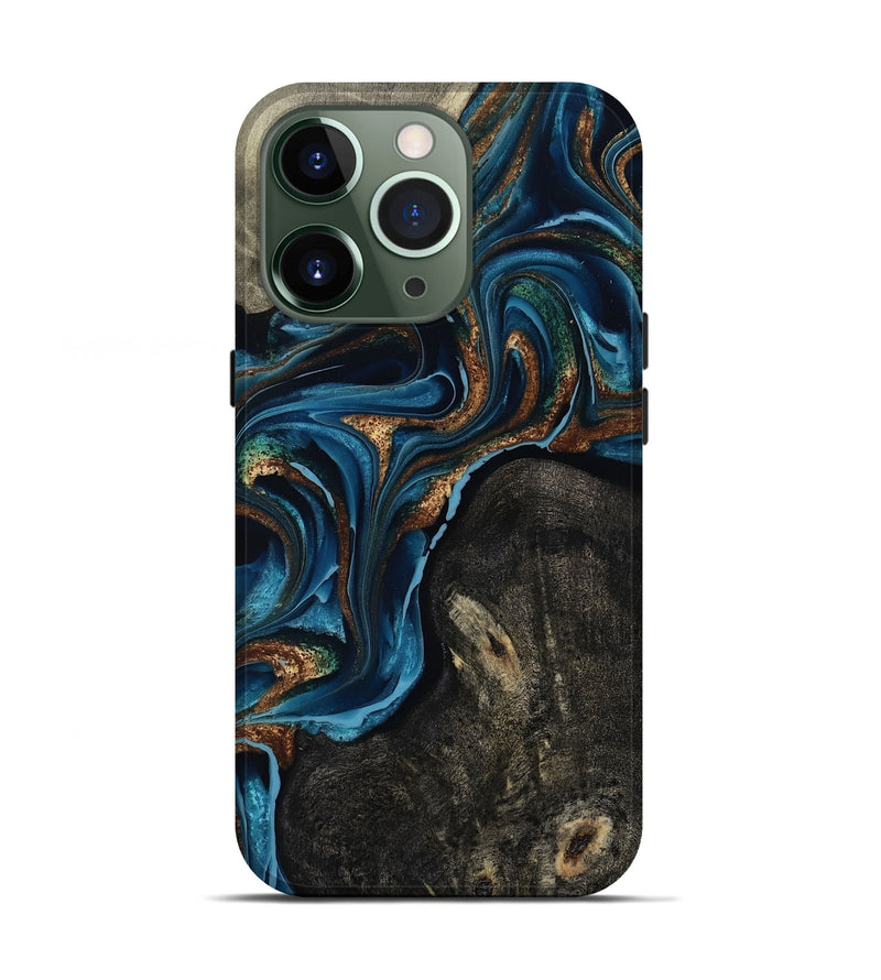 iPhone 13 Pro Wood Live Edge Phone Case - Bree (Teal & Gold, 801109)