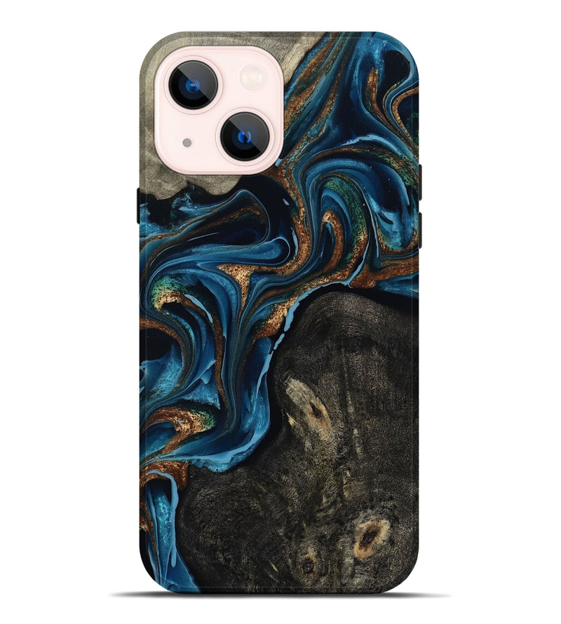 iPhone 14 Plus Wood Live Edge Phone Case - Bree (Teal & Gold, 801109)