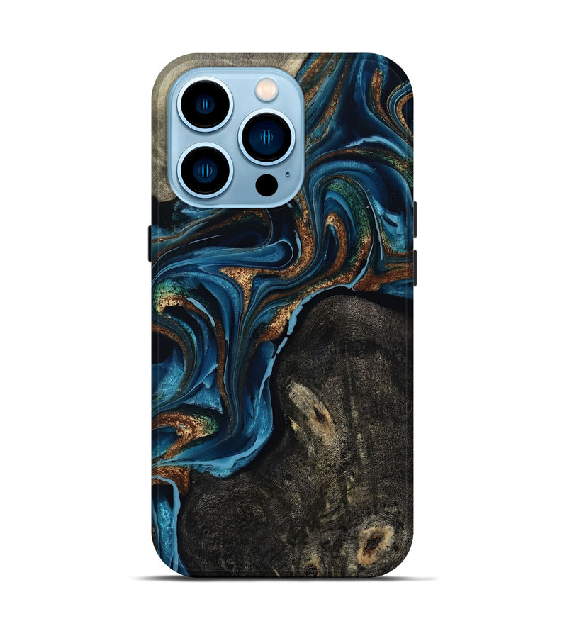 iPhone 14 Pro Wood Live Edge Phone Case - Bree (Teal & Gold, 801109)