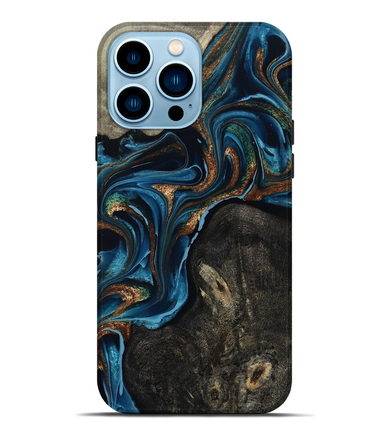 iPhone 14 Pro Max Wood Live Edge Phone Case - Bree (Teal & Gold, 801109)