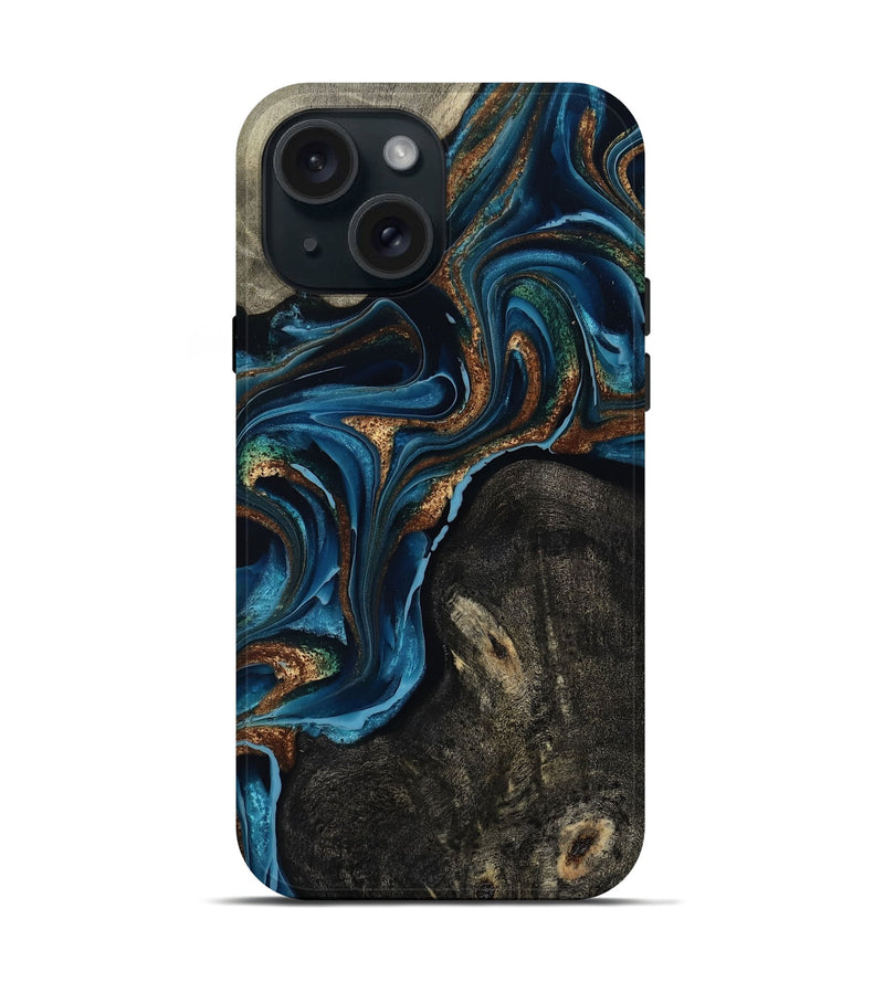 iPhone 15 Wood Live Edge Phone Case - Bree (Teal & Gold, 801109)